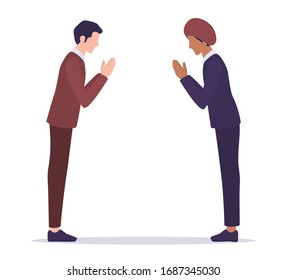 International business comunication. Indian businessman greeting gesture. Formal business etiquette. Isolated vector illustration