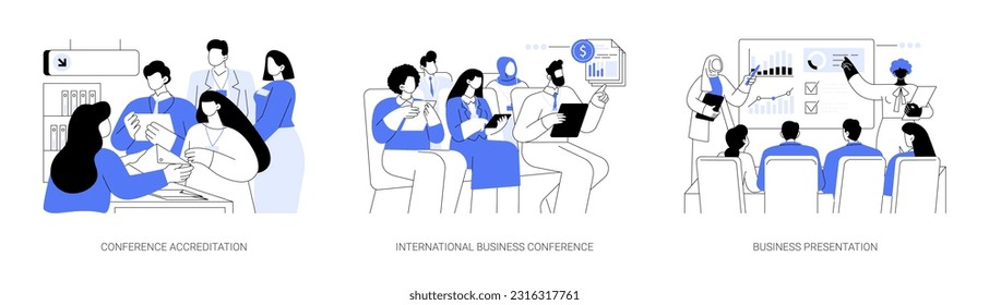 International business conference abstract concept vector illustration set. Conference accreditation, international exhibition, business presentation, work trip, negotiation abstract metaphor.