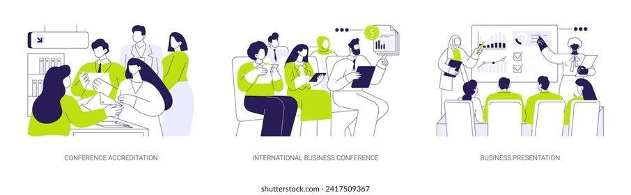 International business conference abstract concept vector illustration set. Conference accreditation, international exhibition, business presentation, work trip, negotiation abstract metaphor.