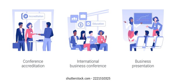 International business conference isolated concept vector illustration set. Conference accreditation, international exhibition, business presentation, work trip, negotiation vector cartoon.