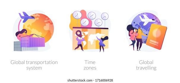 International business coordination abstract concept vector illustration set. Global transportation system, time zone, global travelling, worldwide logistics, travel agency, jet lag abstract metaphor.