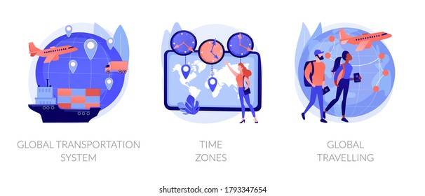 International Business Coordination Abstract Concept Vector Illustration Set. Global Transportation System, Time Zone, Global Travelling, Worldwide Logistics, Travel Agency, Jet Lag Abstract Metaphor.