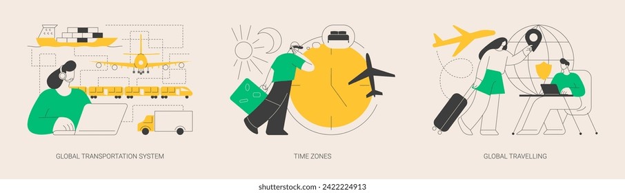 International business coordination abstract concept vector illustration set. Global transportation system, time zone, global travelling, worldwide logistics, travel agency, jet lag abstract metaphor.