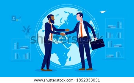International business deal - Two men shaking hands in front of world map. Diversity, globalisation and collaborating concept. Vector illustration.