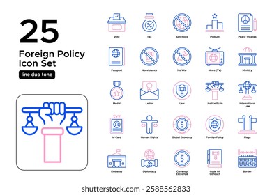 International Business and Economic Diplomacy. Trade Agreements, Global Markets, and Negotiation. Vector Illustration. Oultine duo tone icon set