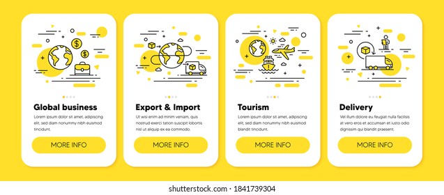 International business, Export, Import line icons. Global trading, Delivery service, Return package. International tourism, parcel export, import. Mobile app 4 steps. Editable stroke. Vector icons