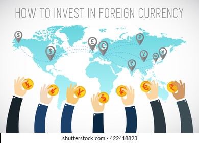 Negócios internacionais. Investimento em moeda estrangeira. Mãos de negócios segurando moedas de ouro. Mãos de comerciantes. Negociador bem-sucedido. Mercado de ações. Câmbio de moeda estrangeira. ilustração plana.