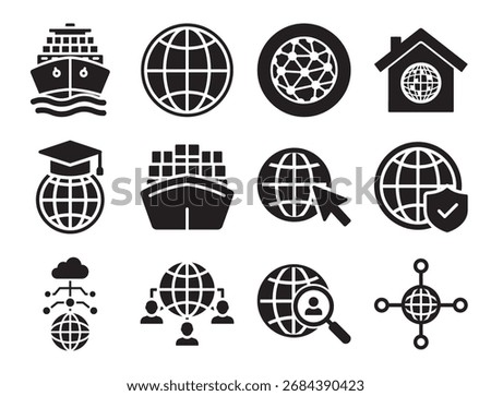 International business and global trade solid glyph icon set for world commerce showing globe ship and other symbols for worldwide market logistics