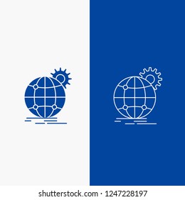 international, business, globe, world wide, gear Line and Glyph web Button in Blue color Vertical Banner for UI and UX, website or mobile application