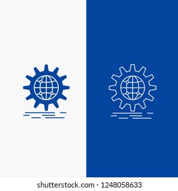 international, business, globe, world wide, gear Line and Glyph web Button in Blue color Vertical Banner for UI and UX, website or mobile application