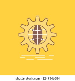 international, business, globe, world wide, gear Flat Line Filled Icon. Beautiful Logo button over yellow background for UI and UX, website or mobile application