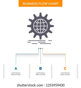 international, business, globe, world wide, gear Business Flow Chart Design with 3 Steps. Glyph Icon For Presentation Background Template Place for text.