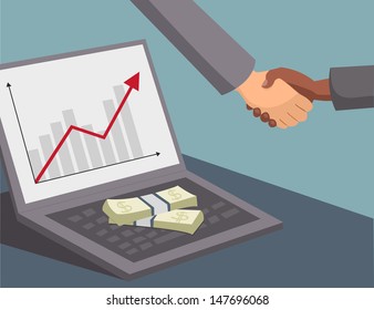 International business handshake and money on laptop