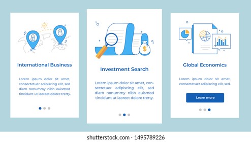 International business, investment search, global economics, mobile web pages vector template. Responsive smartphone website interface idea with linear illustrations. Color concept