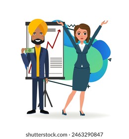 Inversores de negocios internacionales dando presentación. Hombre y mujer de negocios en ropa formal con dinero y manos levantadas. Ilustración vectorial. Éxito, negocio, concepto financiero para el Anuncio, Diseño web