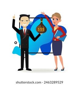 Inversores de negocios internacionales. Hombre de negocios japonés con saco de dinero, mujer caucásica en ropa formal con carpeta. Ilustración vectorial. Éxito, negocio, concepto financiero para el Anuncio, Diseño web