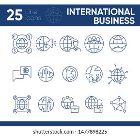 International business line icon set. World, team, briefcase. Business concept. Can be used for topics like worldwide corporation, business trip, management