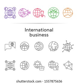 International business line icon set. World, team, briefcase. Business concept. Can be used for topics like worldwide corporation, business trip, management