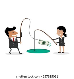 International Business Man and Business Woman Fishing With Rods For Money