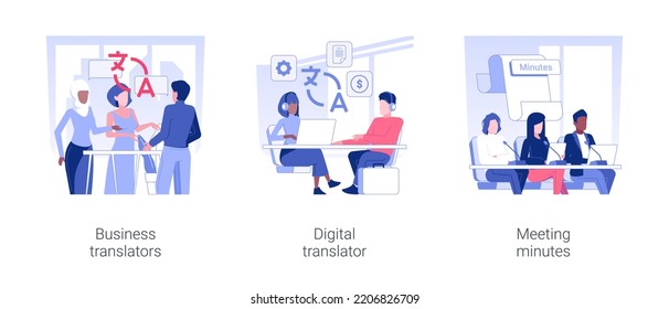 International business meeting isolated concept vector illustration set. Business people talking to translators, international negotiation, digital translator, meeting minutes vector cartoon.