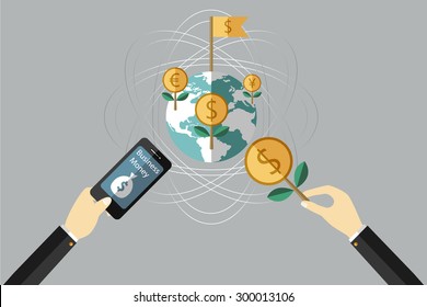 International Business. Money in hands. Business growing money concept. Plant growing on the earth. Concept of global trade. Vector illustration