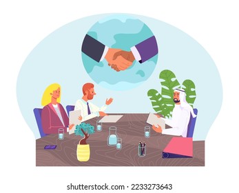 International business negotiating, businessman foreign handshake arab country flat vector illustration, isolated on white.