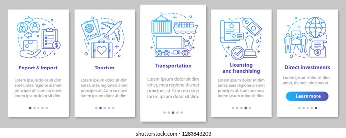 International business onboarding mobile app page screen with linear concepts. Global trading. Export, import, tourism, franchising walkthrough steps. UX, UI, GUI vector template with illustrations