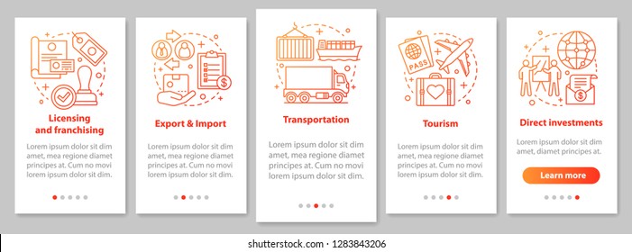 International business onboarding mobile app page screen with linear concepts. Global trading. Export, import, tourism, franchising walkthrough steps. UX, UI, GUI vector template with illustrations