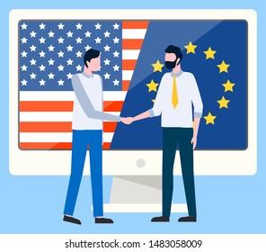 International business of partners, meeting of representatives of USA and Europe. Handshake of boss and leader of company, flag of country. Vector illustration in flat cartoon style