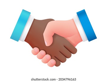 International business people handshake icon. Partnership, shake hands, good deal, agreement, concept. Black and white human hands together. Web vector illustration in 3D style
