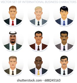 International business people painted heads. Beautiful male portraits of various nations. American, European, Asian, Arabian, Hispanic, Indian, Russian, African, Turkish businessman faces. Vector set.