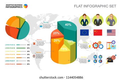 International Business Percentage And Pie Charts Template For Presentation. Abstract Elements Of Diagram, Graphic. Progress, Economy, Management Or Statistics Creative Concept For Infographic.