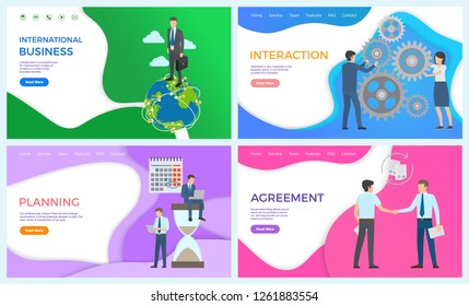 International business and planning web posters. Interaction and team building, cooperating together. Agreement, social networking of potential customers