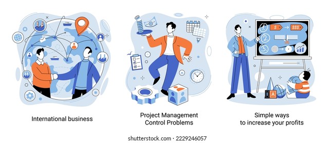 International business, project management, control problems, simple ways to increase your profits. Business process concept set. Teamwork, development of successful strategy and organization of team