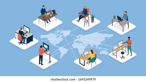 International Business Team Connecting Online Together And Teleworking: Work Outsourcing And Telecommuting Concept