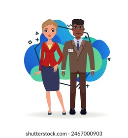 Equipo internacional de negocios. Ilustración vectorial plana. Hombre de negocios afroamericano y mujer de negocios caucásica en ropa formal. Concepto de negocio y asociación