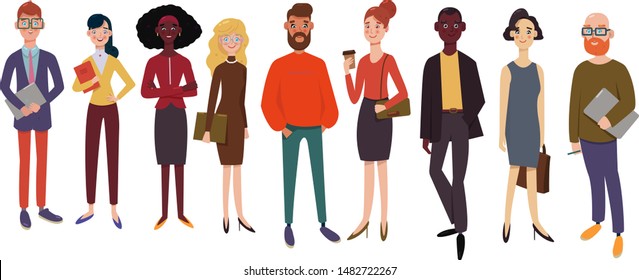 International business team. A group of  businessman and businesswoman, worldwide, large diverse group of office workers standing smiling. Modern flat vector illustration.
