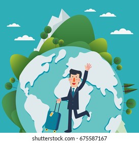 International business travel. Businessman with suitcase over world map
