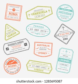 International business travel, immigration, visa passport airport stamps, arrivals signs, symbols. Set of variety rubber stamp city illustration - Vector