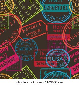 International business travel visa stamps arrivals seamless pattern. vector illustration