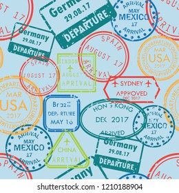 International business travel visa stamps arrivals seamless pattern. vector illustration