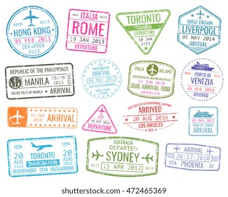 International business travel visa stamps vector arrivals sign. Set of variety rubber stamp city illustration