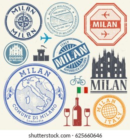 International business travel visa stamps or symbols set Italy, Milan theme, vector illustration