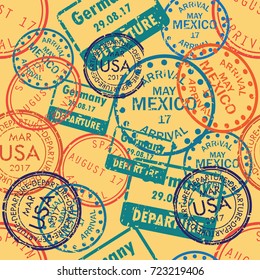 International business travel visa stamps arrivals seamless pattern. vector illustration