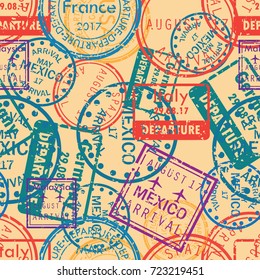 International business travel visa stamps arrivals seamless pattern. vector illustration