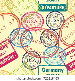 International business travel visa stamps arrivals seamless pattern. vector illustration