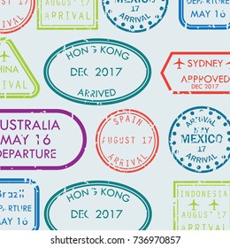 International business travel visa stamps arrivals seamless pattern. vector illustration