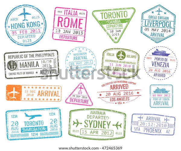 International business\
travel visa stamps vector arrivals sign. Set of variety rubber\
stamp city\
illustration