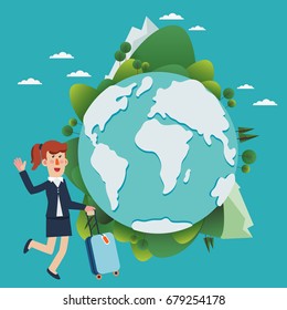International business travel. Business woman with suitcase and world map