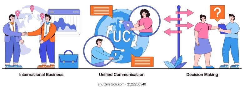 International business, unified communication, decision making concept with people character. Business communication and collaboration, teamwork, partnership abstract vector illustration set.